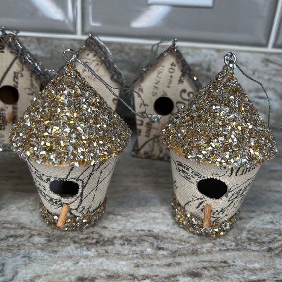 Set Of 8 Miniature Decorative Glitter Birdhouse Ornaments Printed Fabric - Picture 2 of 10